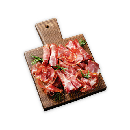 Cured Meat Platter, Coppa with Spices, Italian Antipasto, Appetizer over White Background Isolatedの写真素材
