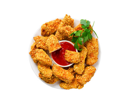 Delicious Crispy Fried Breaded Chicken Breast Strips with Ketchup on White Background Isolatedの写真素材