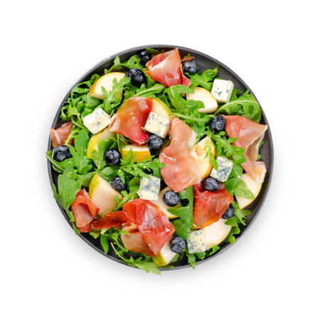 Salad with Pear, Arugula, Jamon, Blue Cheese and Blueberry, Delicious Fresh Salad, White Isolated Backgroundの写真素材