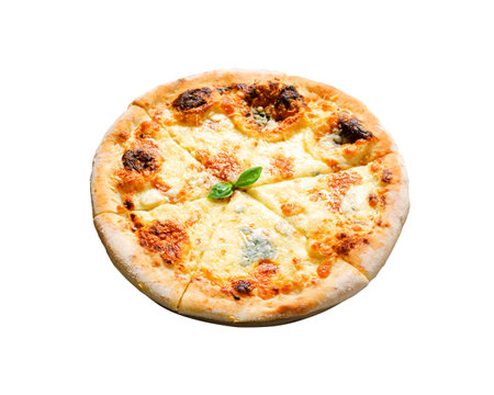 Four Cheese Pizza on Dark Background, Freshly Baked Pizza on White Background Isolatedの写真素材