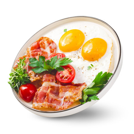 Fried Eggs and Bacon with Cherry Tomatoes on Plate, Breakfast, Keto, Paleo Diet Lunch on White Background Isolatedの写真素材