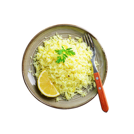 Yellow Rice, Turmeric Rice on White Background with Lemon, Ginger and Fenugreek Isolatedの写真素材