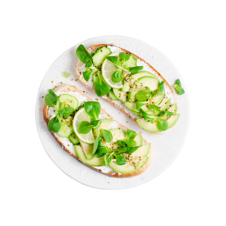 Avocado Toasts, Healthy Snack or Breakfast on White Background Isolatedの写真素材