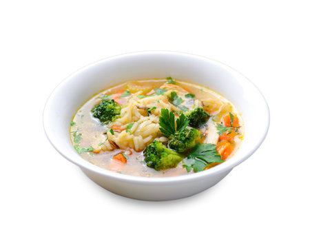 Vegetable Soup with Rice in a Bowl on White Background, Tasty Foodの写真素材