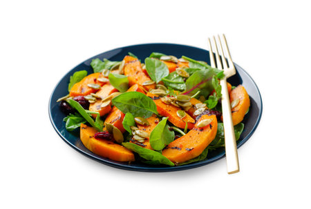 Grilled Pumpkin Salad with Arugula, Spinach, and Pumpkin Seeds, Salad Mix with Roasted Pumpkin on White Background, Autumn Saladの写真素材