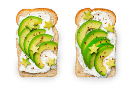 Avocado Toasts with Cream Cheese, Flax Seeds and Pepper, Creative Healthy Meal, Top View on White...