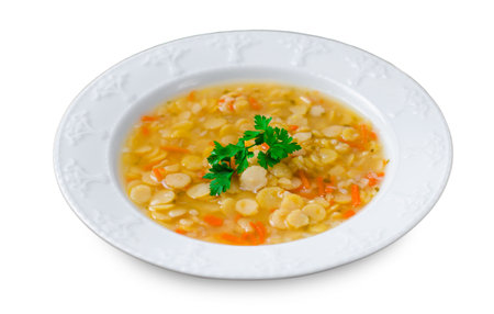Pea Soup, Healthy Vegetarian and Vegan Pea Soup on White Isolated Backgroundの写真素材