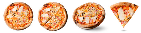 Chicken, Bacon, Mushroom Pizza on a Wooden Board over White Background Isolated, Stone Baked Pizzaの写真素材