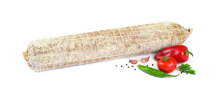 Cured Salami Sausage on White Isolated Background, Traditional Whole Sausageの写真素材