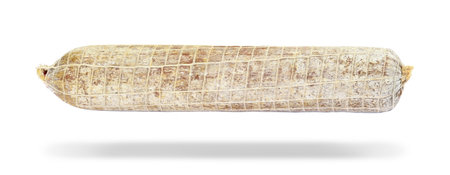 Cured Salami Sausage on White Isolated Background, Traditional Whole Sausageの写真素材