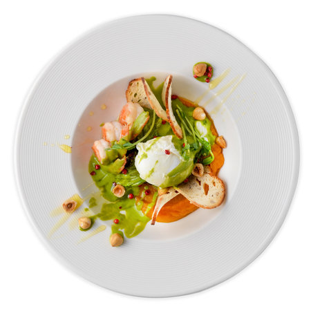 Poached Egg and Shrimp Appetizer, Brunch, Restaurant Breakfast on White Isolated Backgroundの写真素材
