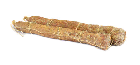 Cured Salami Sausage on White Isolated Background, Traditional Whole Sausageの写真素材