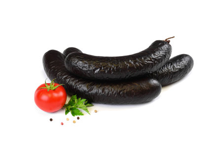 Blood Sausage, Black Pudding Sausages on White Isolated Backgroundの写真素材