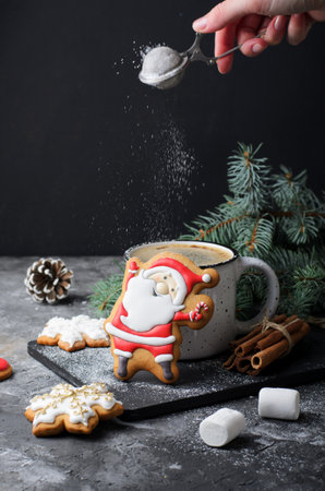 Santa Gingerbread Cookie on Dark Wooden Background, Christmas Treatの写真素材