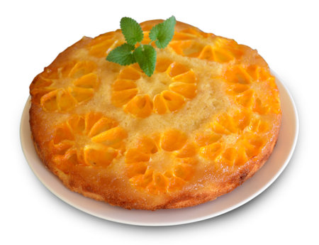 Orange Citrus Cake, Upside Down Tangerine Cake on White Isolated Backgroundの写真素材