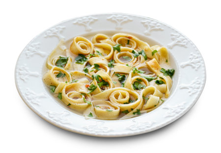 Pancake Soup Frittatensuppe on White Isolated Backgroundの写真素材