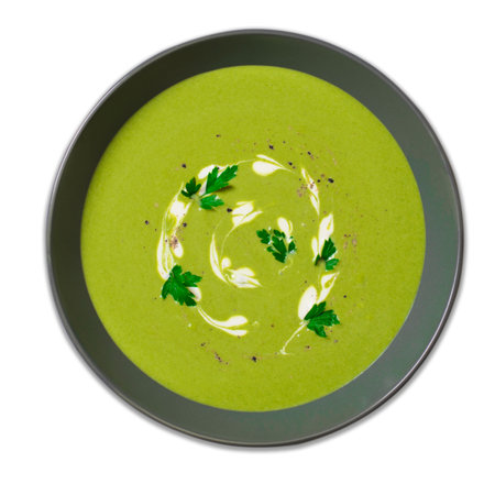 Creamy Soup, Spinach or Broccoli Soup in a Bowl on White Isolated Backgroundの写真素材