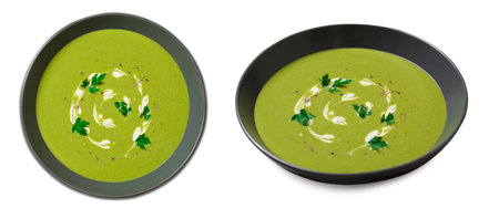 Creamy Soup, Spinach or Broccoli Soup in a Bowl on White Isolated Backgroundの写真素材