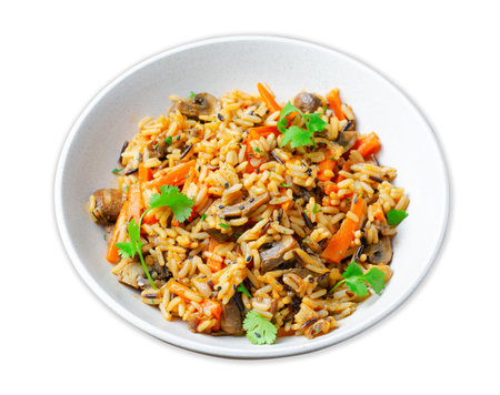 Wild Rice with Mushrooms, Asian Style Vegetarian Meal in a Bowl on White Isolated Backgroundの写真素材