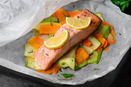 Salmon Baked In Parchment Paper With Zucchini And Carrot, Healthy Foodの写真素材