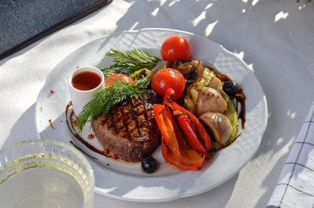 Grilled Steak Fillet with Vegetables, Sauce and Herbs, Beef Steakの写真素材