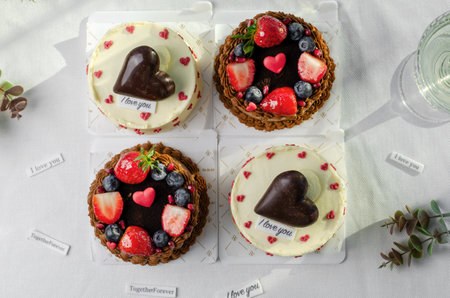 Cakes for Valentine's Day, Romantic Bento Cakes on Bright Backgroundの写真素材