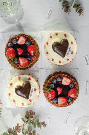 Cakes for Valentine's Day, Romantic Bento Cakes on Bright Backgroundの写真素材
