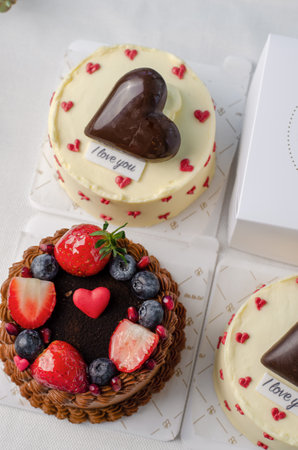 Cakes for Valentine's Day, Romantic Bento Cakes on Bright Backgroundの写真素材