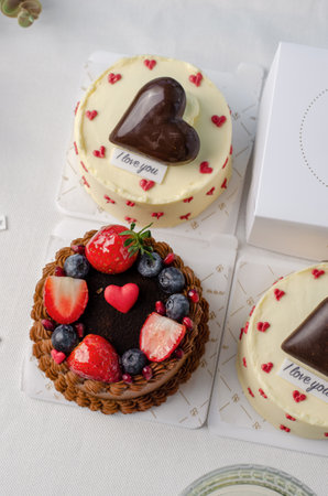Cakes for Valentine's Day, Romantic Bento Cakes on Bright Backgroundの写真素材