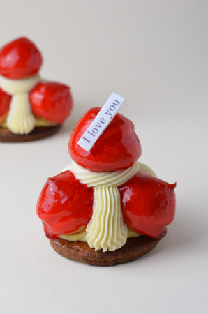 Saint Honore Cake with Profiteroles, Custard and Vanilla Cream, Traditional French Dessert, Valentine's Day Treatの写真素材