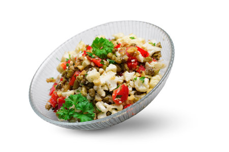 Cauliflower Mung Bean and Bell Pepper Salad, Vegan Food, Tasty Appetizer on White Isolated Backgroundの写真素材