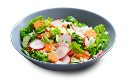 Vegetable Salad, Bright Summer Salad with Rice and Vegetables, Tasty Vegetarian Food on White Isolated Backgroundの写真素材