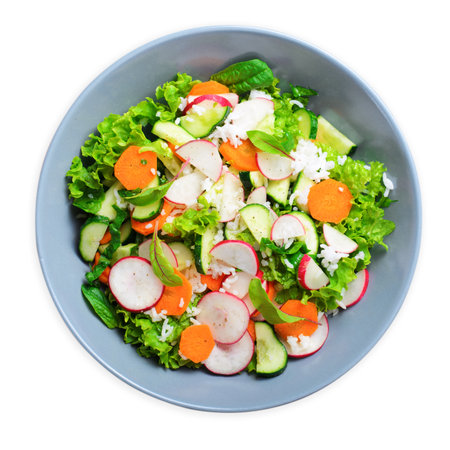 Vegetable Salad, Bright Summer Salad with Rice and Vegetables, Tasty Vegetarian Food on White Isolated Backgroundの写真素材