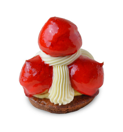 Saint Honore Cake with Profiteroles, Custard and Vanilla Cream, Traditional French Dessert Isolated on White Backgroundの写真素材