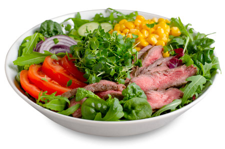 Beef steak and Fresh Vegetables Buddha Bowl on White Isolated Backgroundの写真素材
