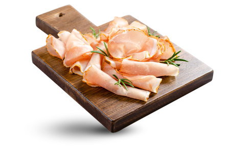 Cured Meat Platter, Prosciutto Crudo or Jamon with Spices, Antipasto, Appetizer on White Isolated Backgroundの写真素材