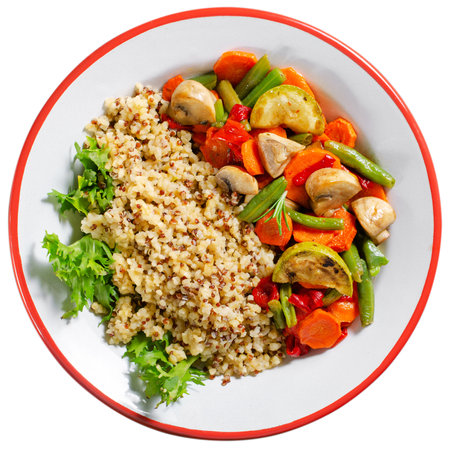 Quinoa with Vegetables, Healthy Meal, Vegetarian Food on White Isolated Backgroundの写真素材