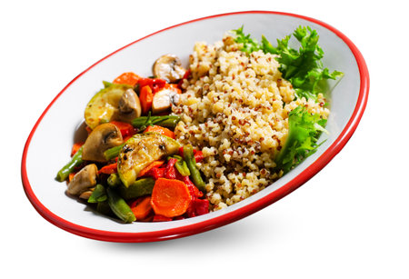 Quinoa with Vegetables, Healthy Meal, Vegetarian Food on White Isolated Backgroundの写真素材
