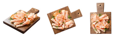 Cured Meat Platter, Prosciutto Crudo or Jamon with Spices, Antipasto, Appetizer on White Isolated Backgroundの写真素材