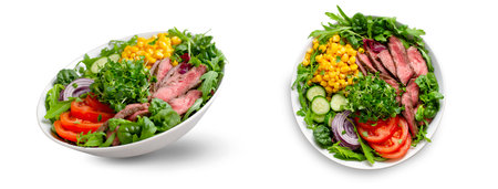 Beef steak and Fresh Vegetables Buddha Bowl on White Isolated Backgroundの写真素材