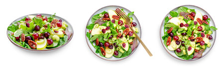 Waldorf Salad, Fresh Apple Salad with Cranberry, Grapes, Pecans and Salad Mix, Fall Salad, Comfort Food on White Isolated Backgroundの写真素材