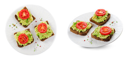 Avocado Toasts with Tomato, Healthy Snack or Breakfast on White Background Isolatedの写真素材