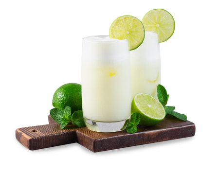 Brazilian Lemonade, Refreshing Creamy Lemonade or Limeade with Lime Slices and Mint on White Background Isolatedの写真素材