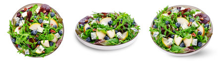 Salad with Pear, Arugula, Blue Cheese, Nuts and Blueberry, Delicious Fresh Salad on White Background Isolatedの写真素材