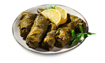 Dolma, Stuffed Grape Leaves on White Isolated Backgroundの写真素材