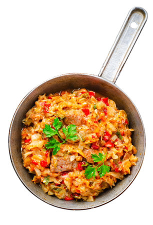 Stewed Cabbage with Meat and Vegetables, Comfort Food, Braised Cabbage, Tasty Meal on White Isolated Backgroundの写真素材