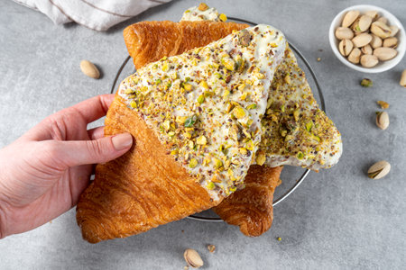 Flat Croissant, Trendy Pastry, Croissant with Pistachio Glaze and Crushed Nutsの写真素材