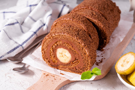 Banana Chocolate Swiss Roll Cake, Sponge Roll with Chocolate Filling and Bananaの写真素材