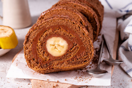 Banana Chocolate Swiss Roll Cake, Sponge Roll with Chocolate Filling and Bananaの写真素材