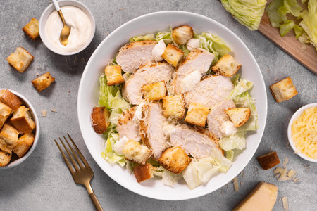 Chicken Caesar Salad in a Bowl with Parmesan Cheese, Lettuce, Dressing and Croutonsの写真素材